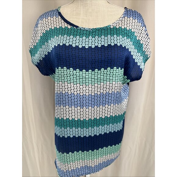 Cha Cha Vente Womens Multicolor Striped Geometric Print Short Sleeve Blouse L - Picture 1 of 9